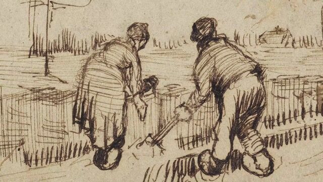 Two Women Digging in a Field with a View of Montmajour