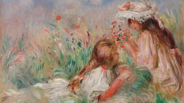 Girls in the Grass Arranging a Bouquet